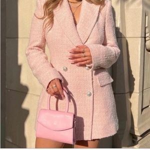 Zara textured double breasted blazer pink tweed boucle padded structured jacket